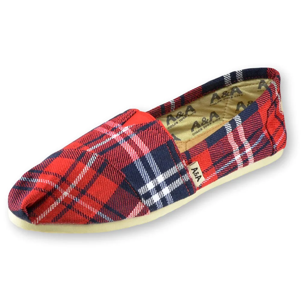 Flannel Red and Blue Canvas Slip On Shoes for Women