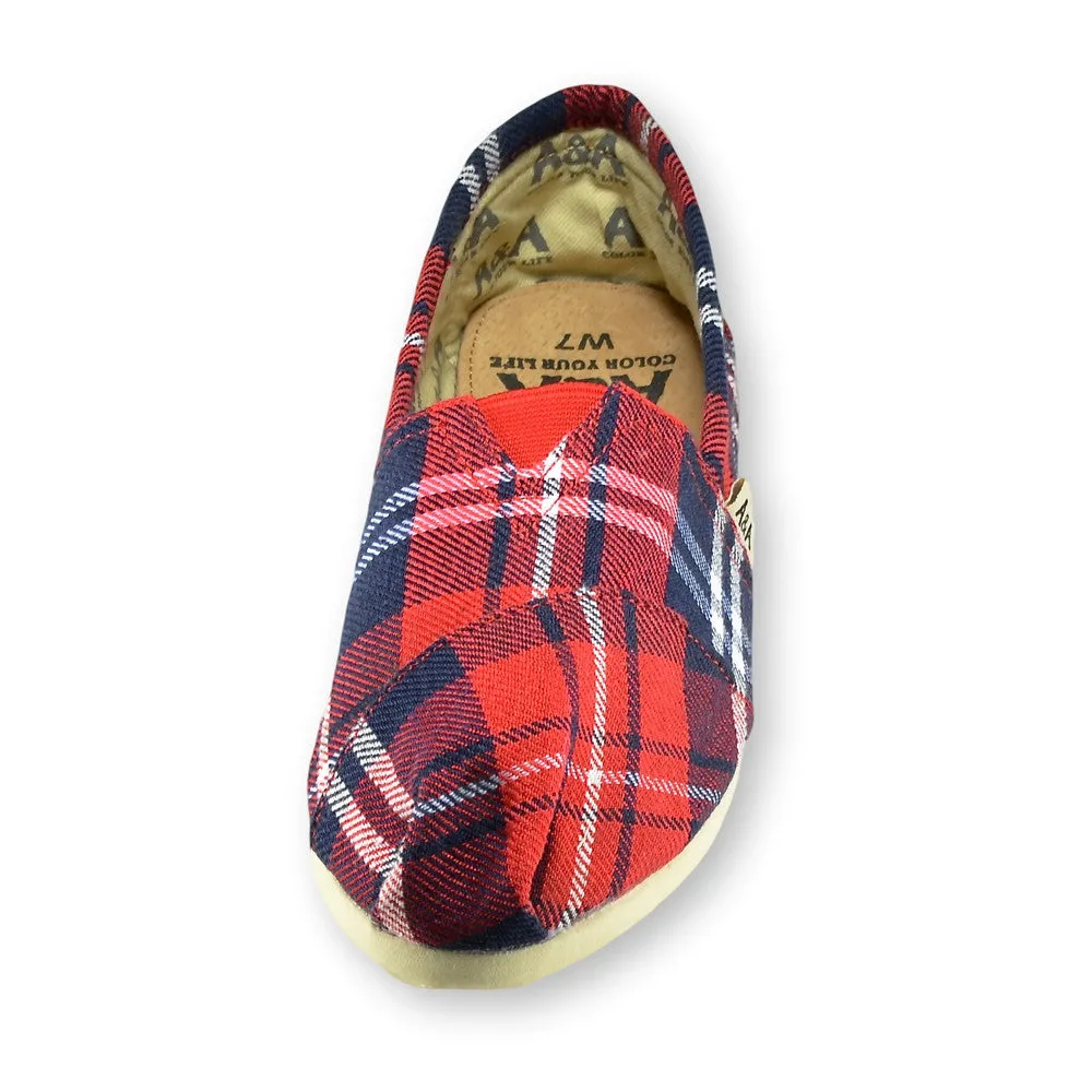 Flannel Red and Blue Canvas Slip On Shoes for Women