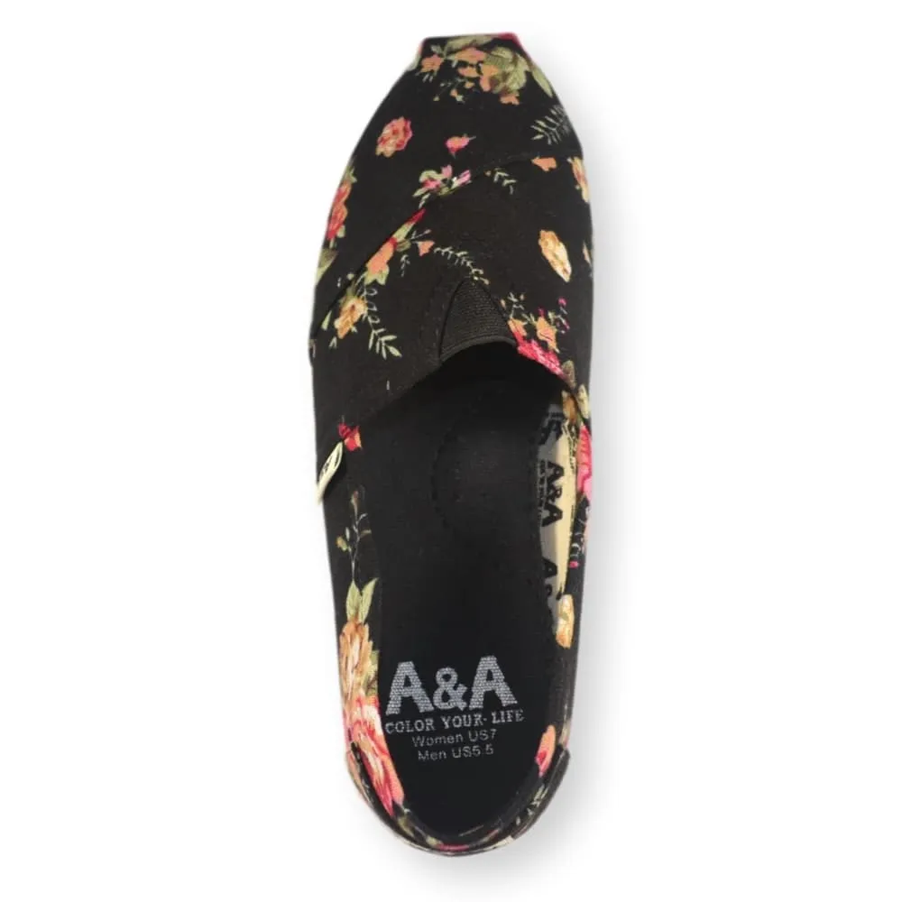 Floral VEGAN Black Canvas Slip On Shoes Alpargatas