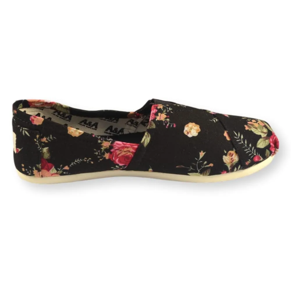 Floral VEGAN Black Canvas Slip On Shoes Alpargatas