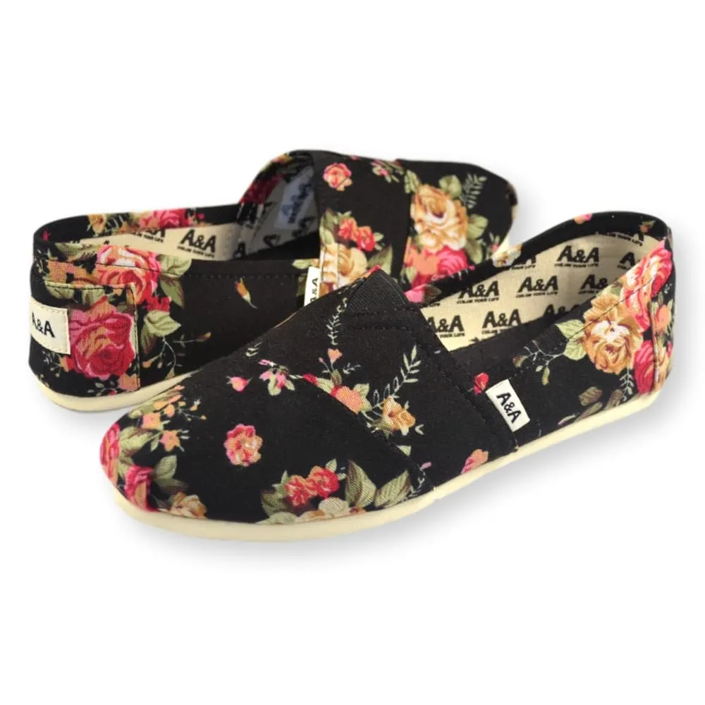 Floral VEGAN Black Canvas Slip On Shoes Alpargatas