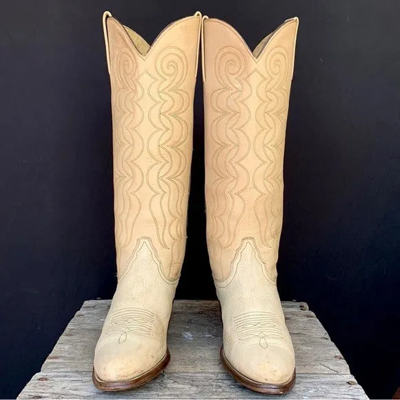 FRYE Vintage Ivory Beige Tall Knee High Stitching Cowgirl Cowboy Western Boots