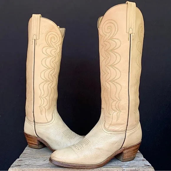 FRYE Vintage Ivory Beige Tall Knee High Stitching Cowgirl Cowboy Western Boots