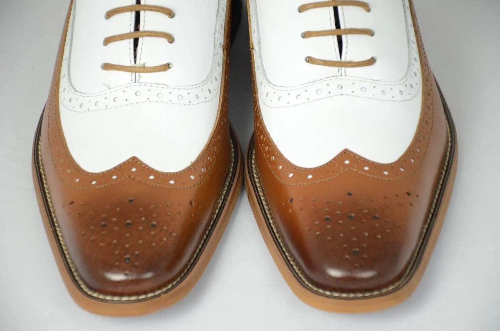 Handmade Men's Brown & White Wing Tip Leather Lace Up Shoes