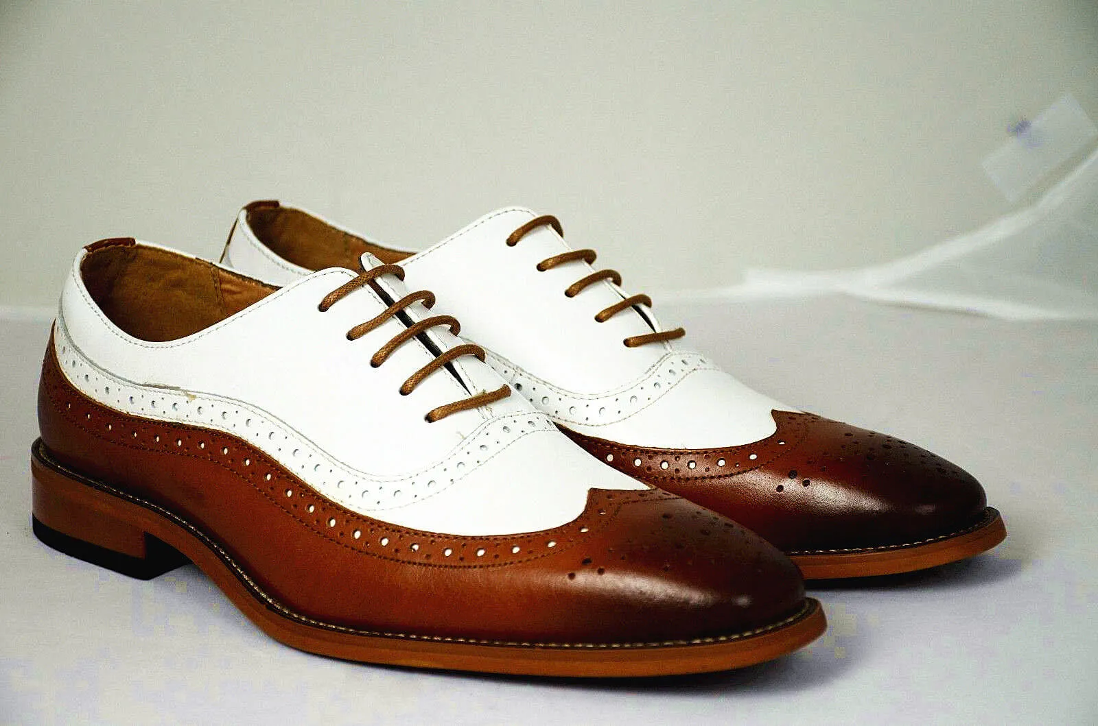 Handmade Men's Brown & White Wing Tip Leather Lace Up Shoes