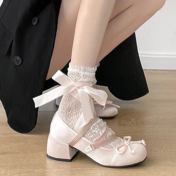 Hnzxzm Pink Cross-tie High Heels Thick-heeled Girl Ballet Shoes Wear French Elegant Satin Lolita Shoes Retro Shoes Women