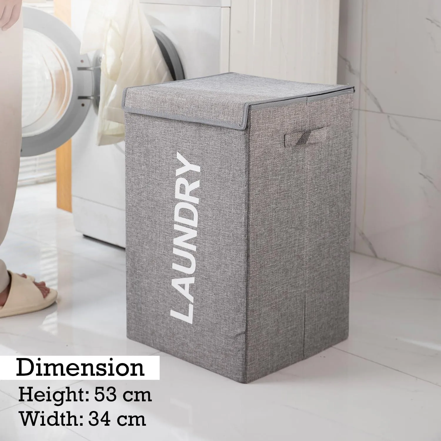 HOKIPO Jute Foldable Laundry Basket For Clothes With Lid & Handle, Grey