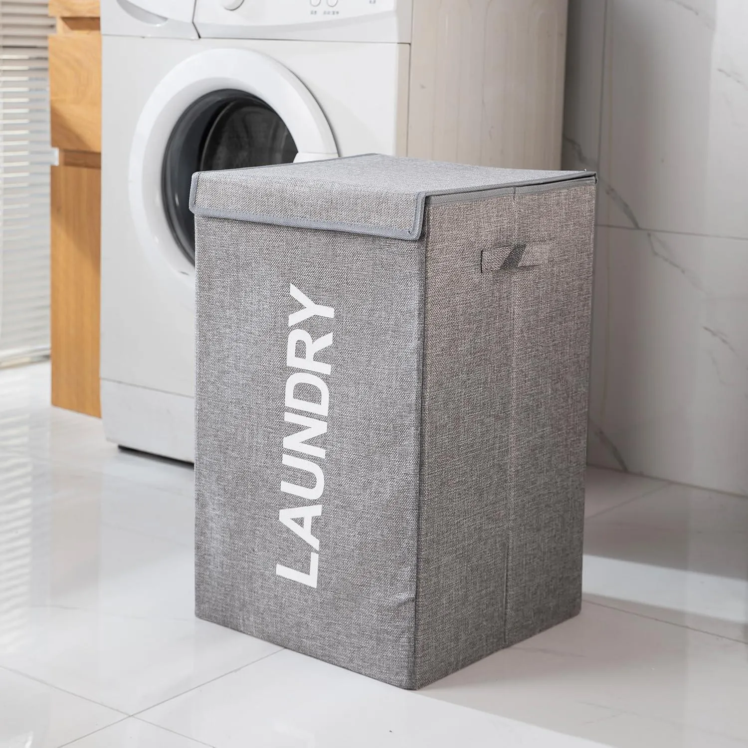 HOKIPO Jute Foldable Laundry Basket For Clothes With Lid & Handle, Grey