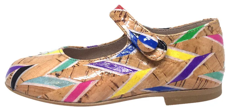 Hoo Shoes Hoova's Cork Rainbow Chevron Pattern Hook and Loop Button Mary Jane Flat Shoes