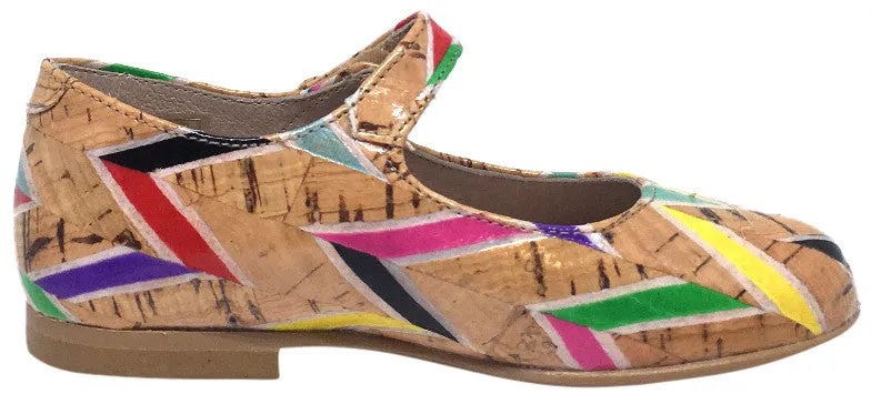 Hoo Shoes Hoova's Cork Rainbow Chevron Pattern Hook and Loop Button Mary Jane Flat Shoes