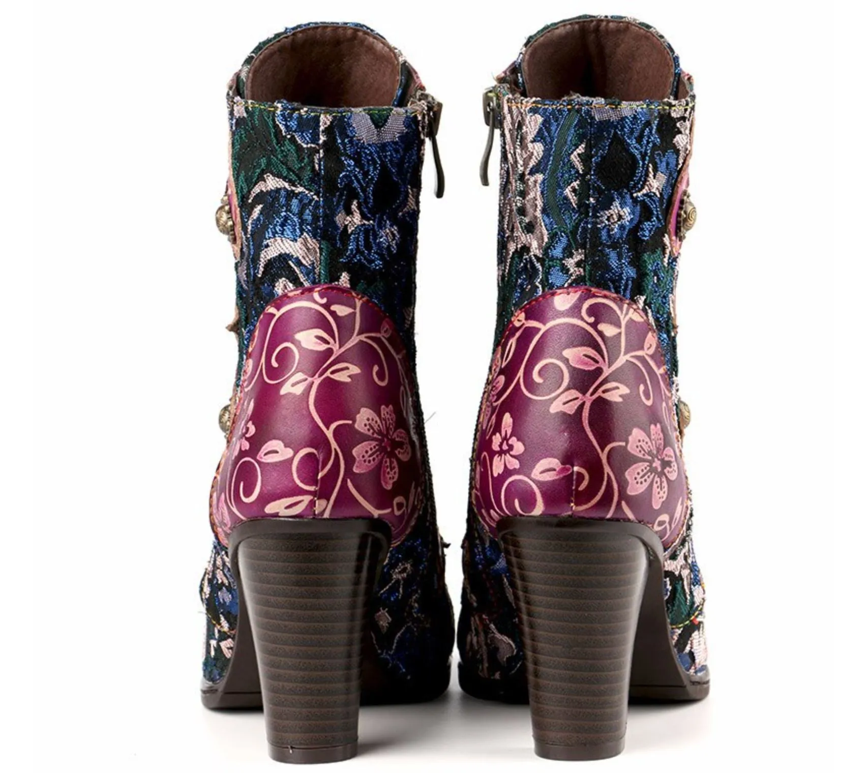 JOHNATURE Handmade Vintage Style Leather High Heels Boots with Floral Embroidery