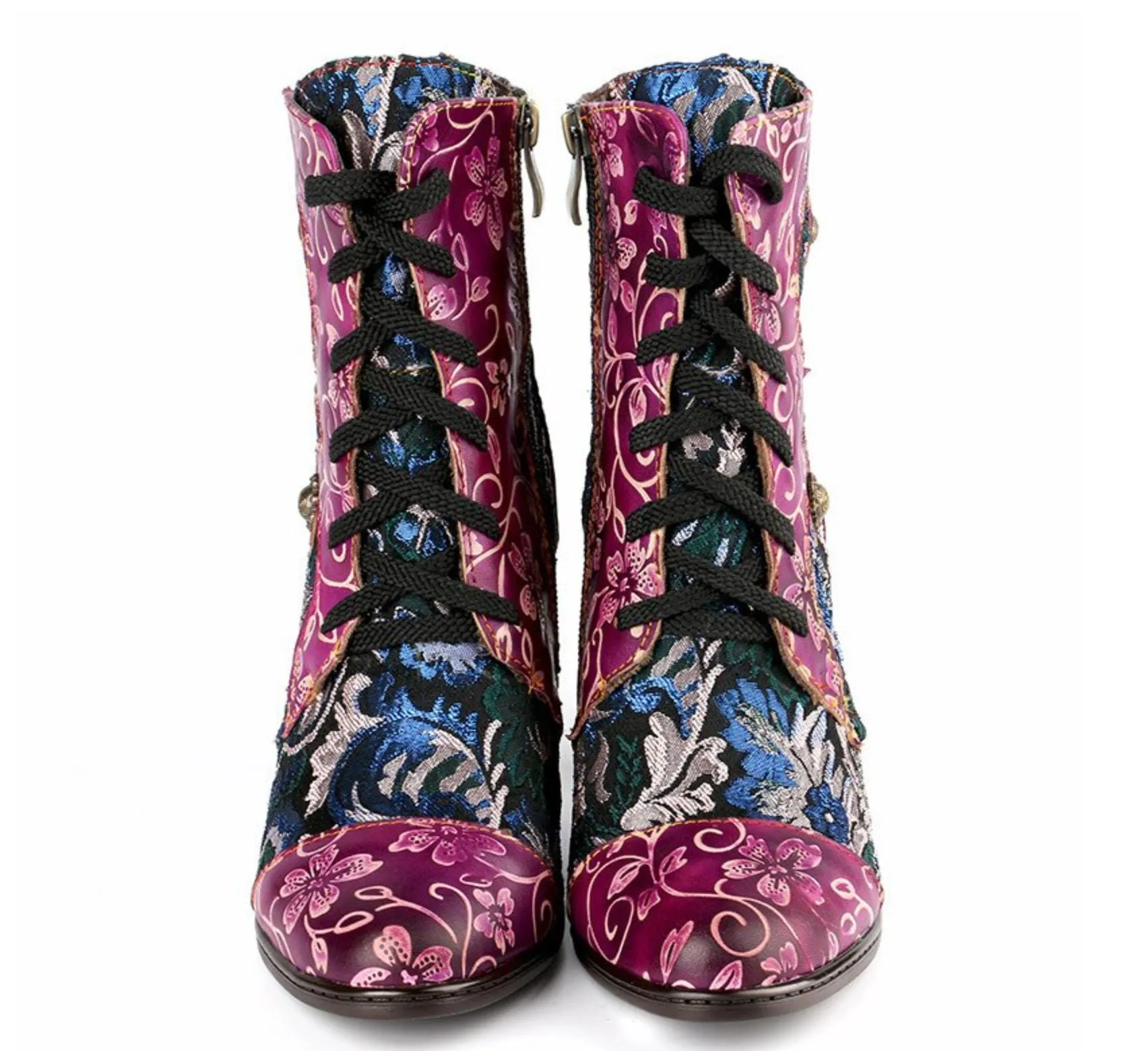 JOHNATURE Handmade Vintage Style Leather High Heels Boots with Floral Embroidery