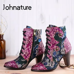 JOHNATURE Handmade Vintage Style Leather High Heels Boots with Floral Embroidery