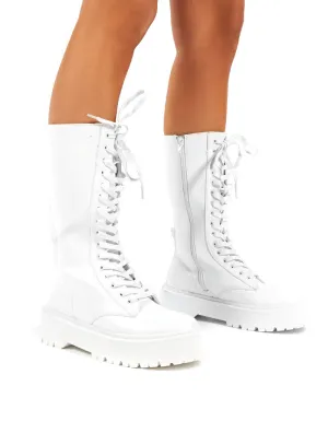 Kendall White PU Lace Up Chunky Knee High Boots