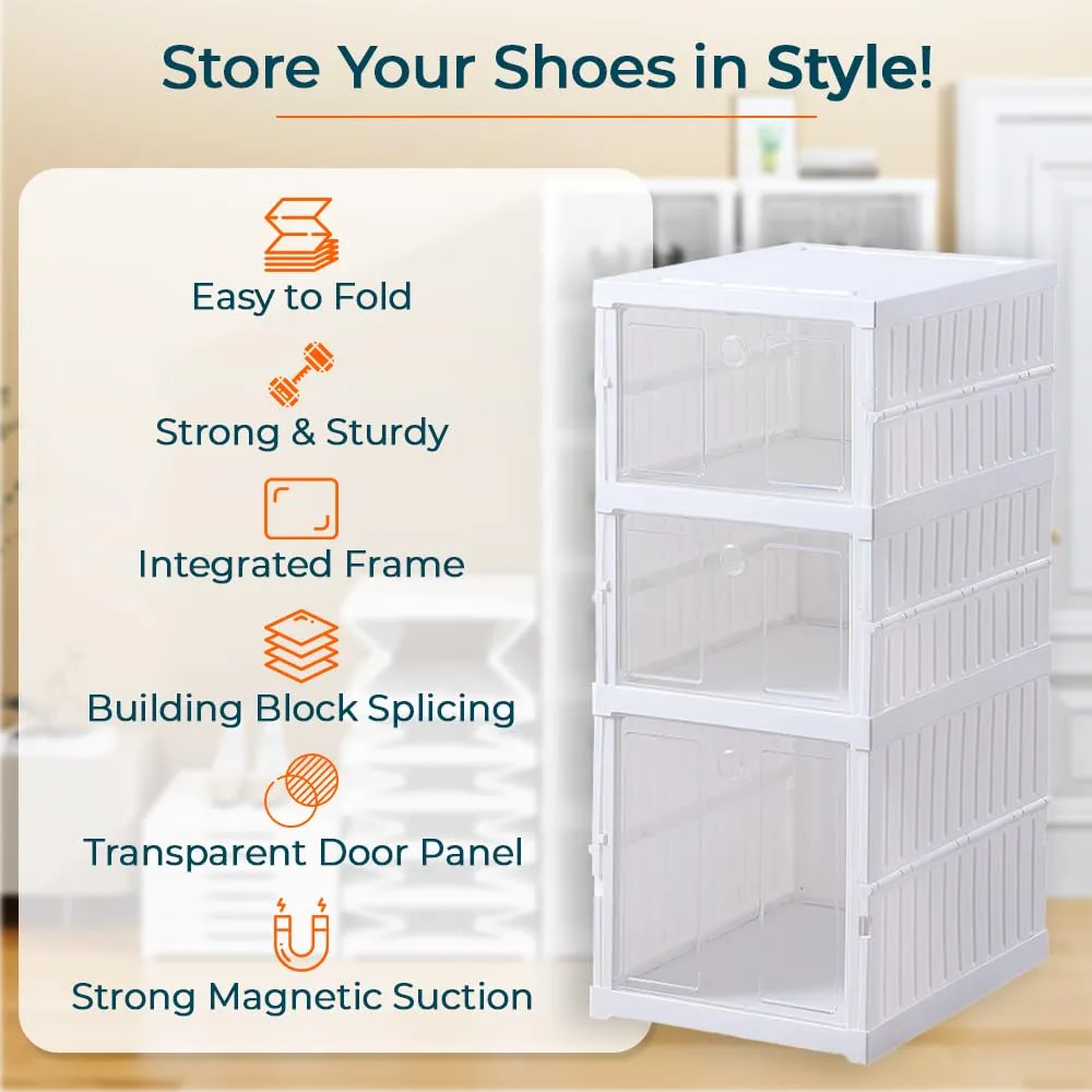 Kuber Industries 3 Layer Shoe Box for Storage|Multi-Purpose Plastic Shoe Rack|Installation Free Shoe Organizer|White|