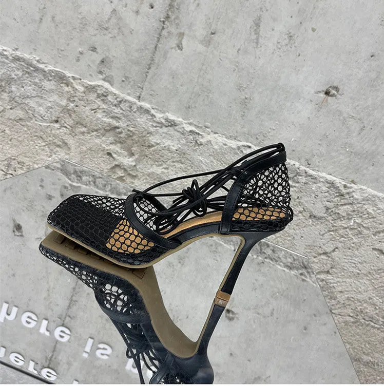 Lace Up Cross-Tied Hollow Mesh High Heel Sandals