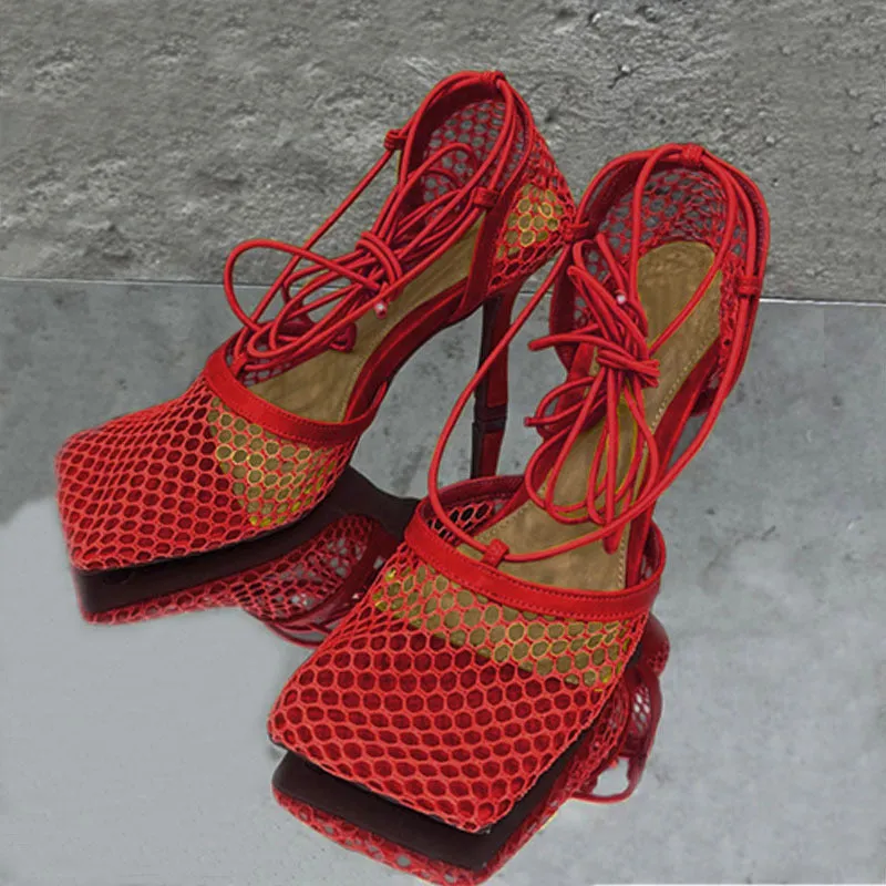 Lace Up Cross-Tied Hollow Mesh High Heel Sandals