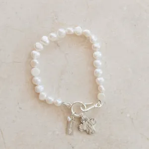 Lanie Pearl Bracelet | White Freshwater Pearl Bracelet with Sterling Silver Hammered Cross | By Pearly Girls