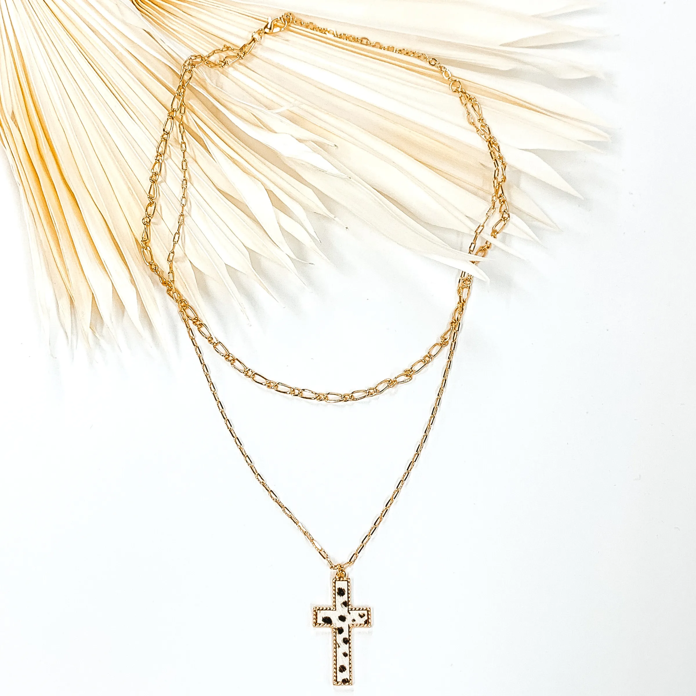 Layered Chain Necklace with Cross Pendant in White Dotted Print