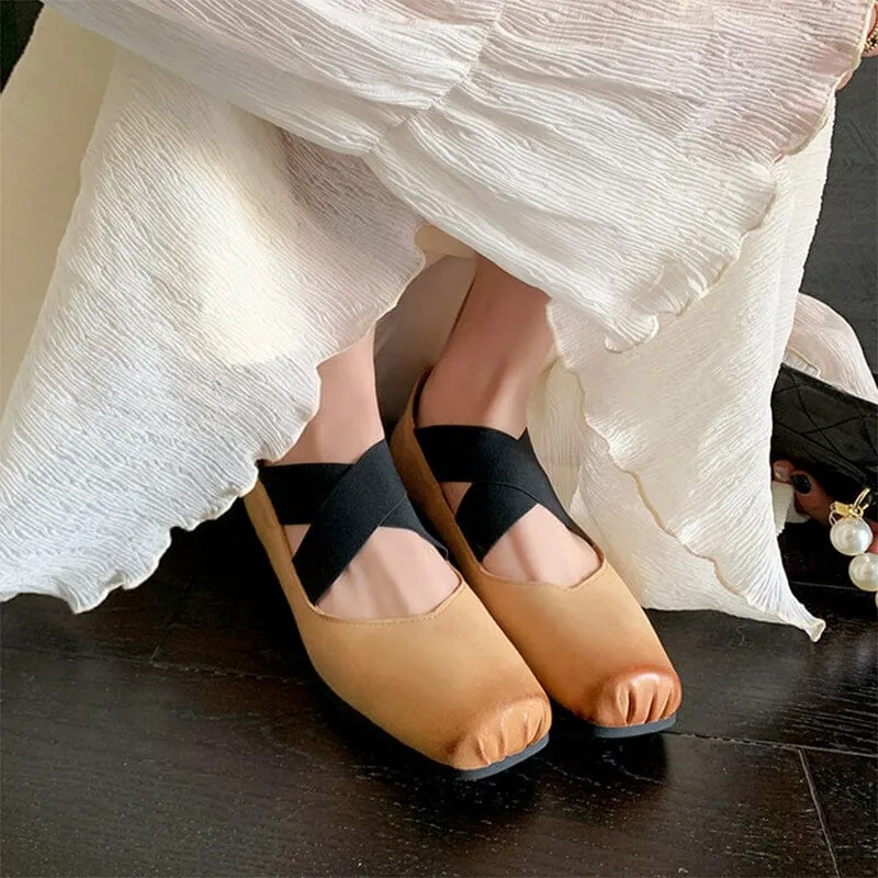 Leather Ballet Flats with Cross-Strap Square Toe in Black/Brown/Apricot