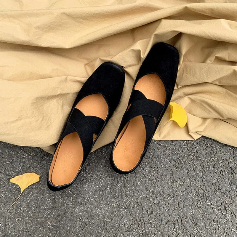 Leather Ballet Flats with Cross-Strap Square Toe in Black/Brown/Apricot