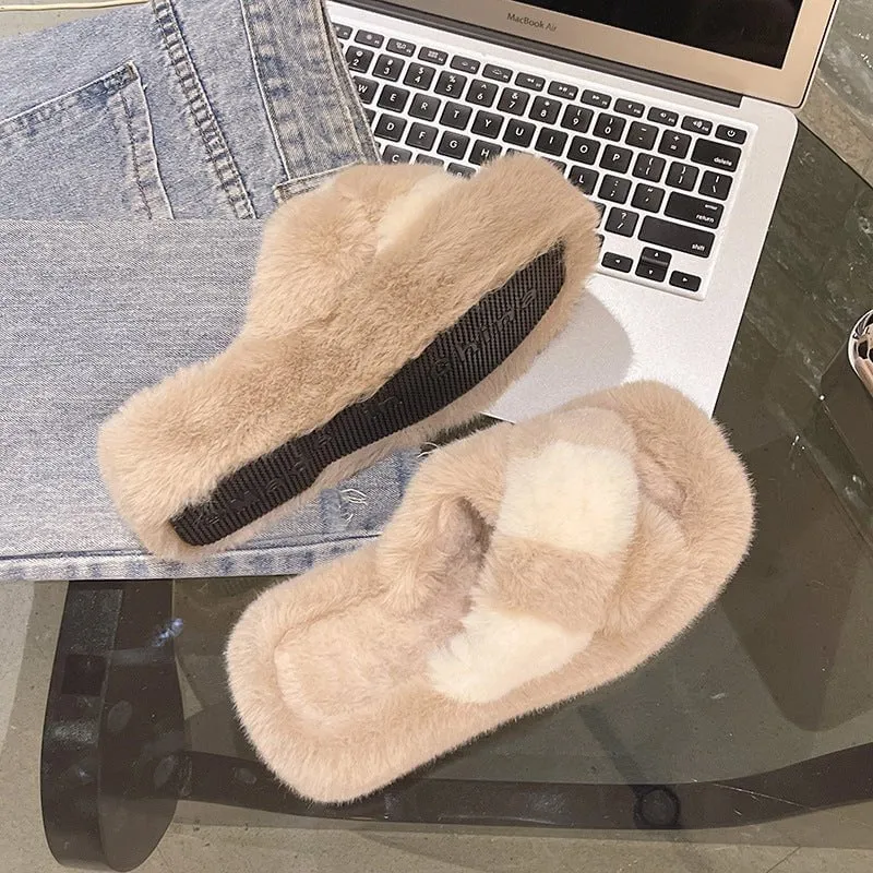 LovelyRLovely Cross-Strap Fuzzy Slippers With 5cm Heel