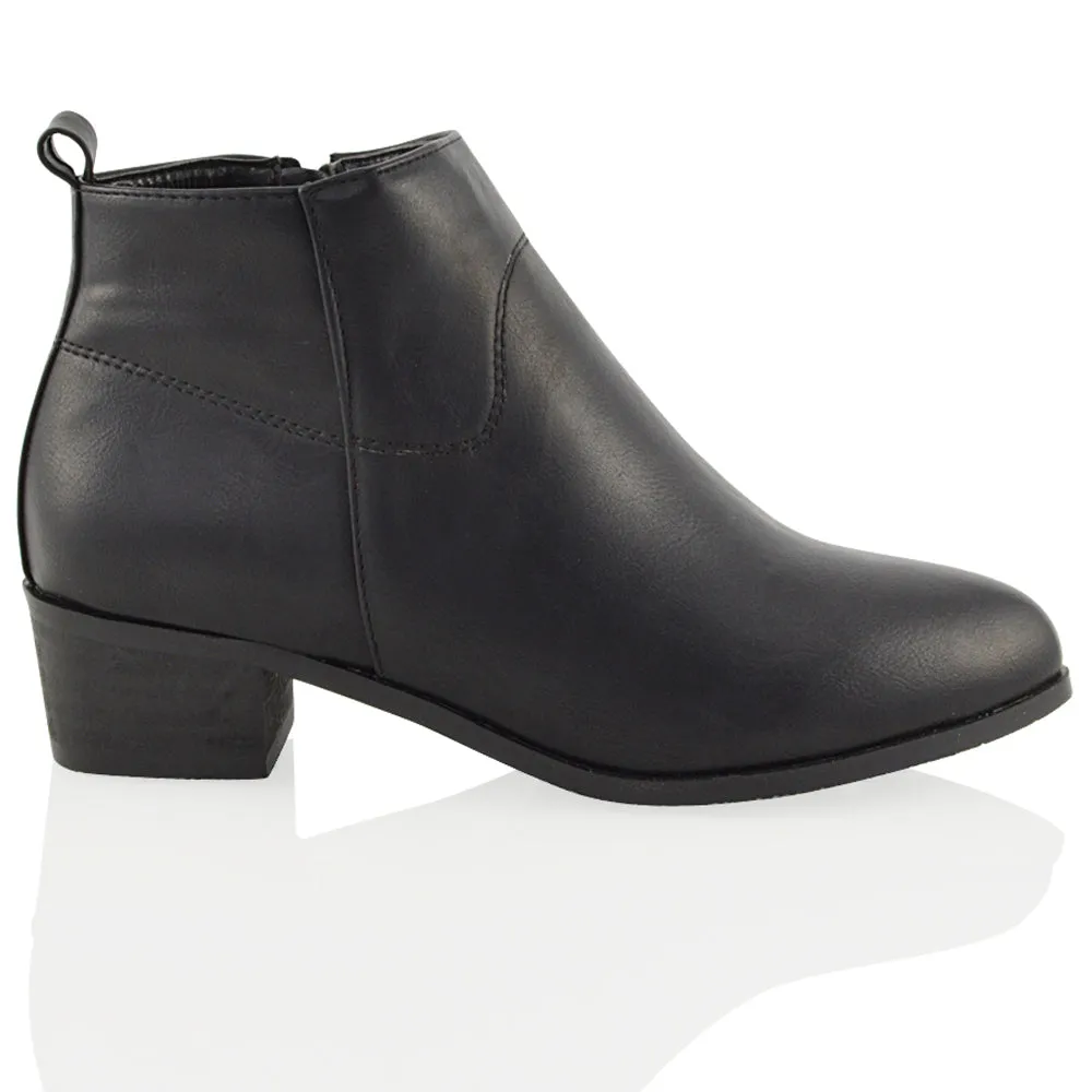 Melodie Zip Up Cowboy Ankle Boots With Low Block Heel in Black PU