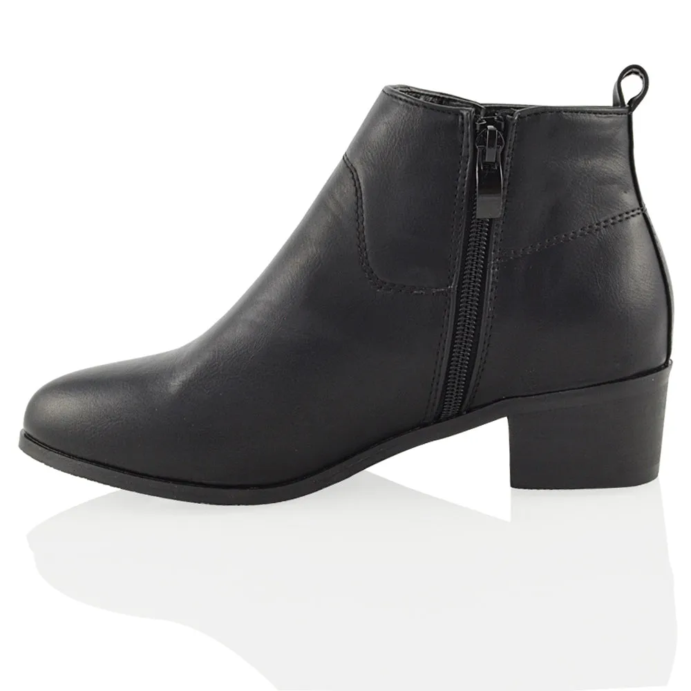 Melodie Zip Up Cowboy Ankle Boots With Low Block Heel in Black PU