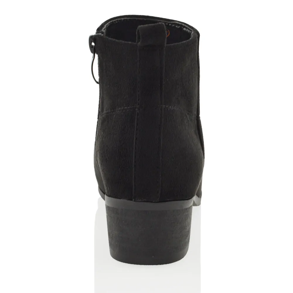 Melodie Zip Up Cowboy Ankle Boots With Low Block Heel in Black PU