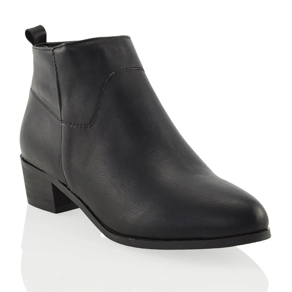 Melodie Zip Up Cowboy Ankle Boots With Low Block Heel in Black PU