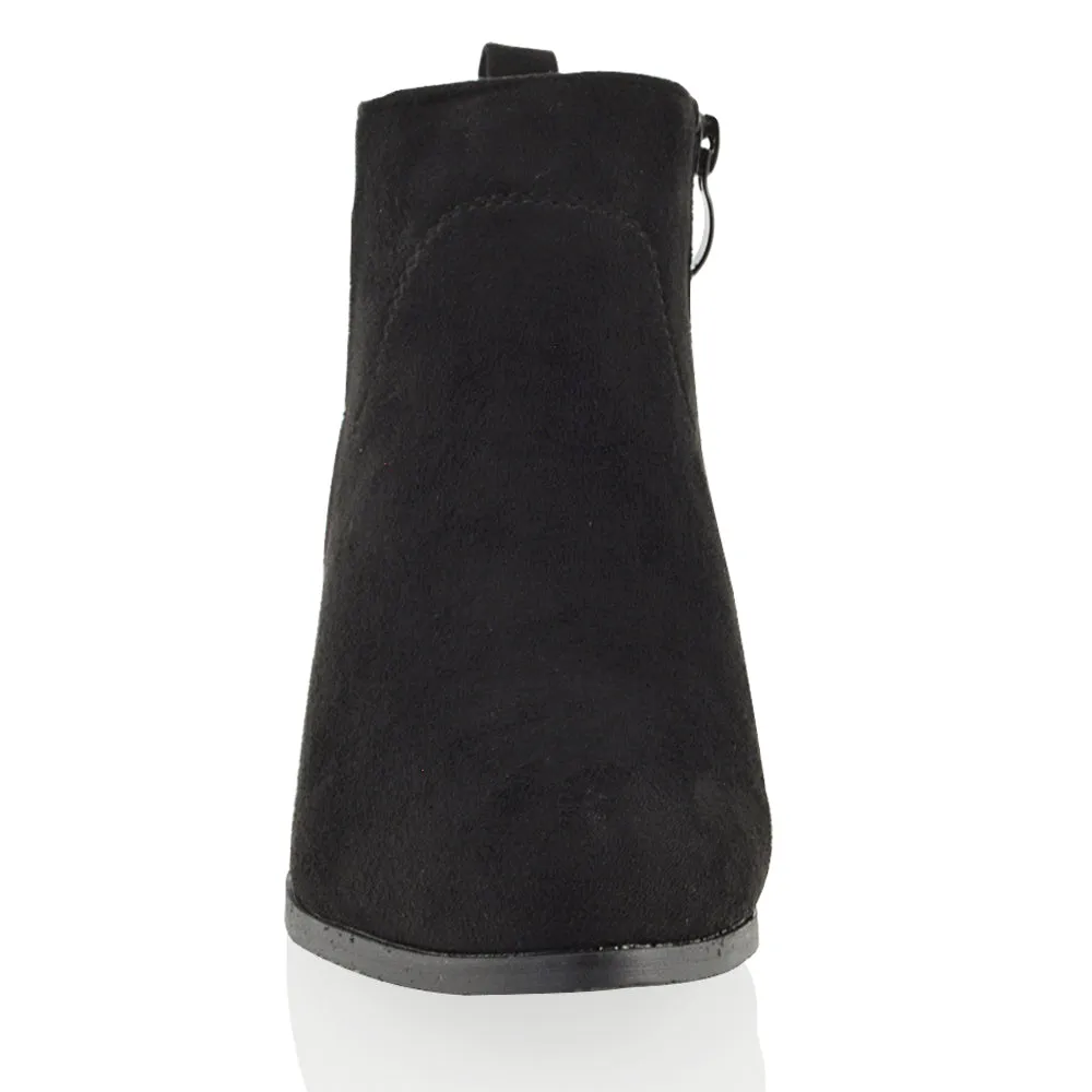 Melodie Zip Up Cowboy Ankle Boots With Low Block Heel in Black PU