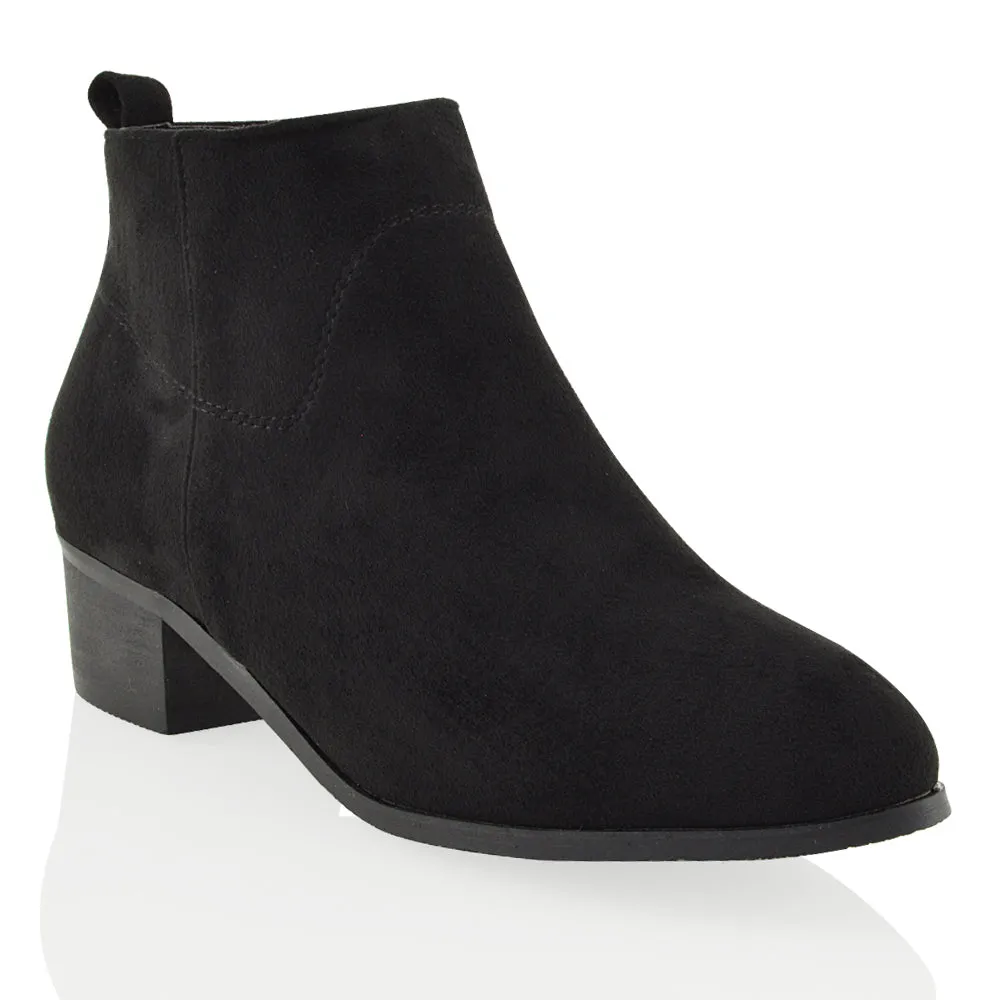 Melodie Zip Up Cowboy Ankle Boots With Low Block Heel in Black PU