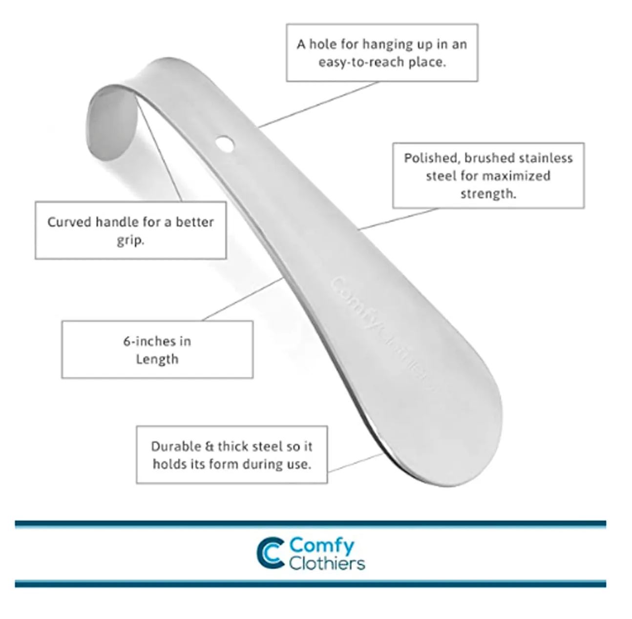 Metal Shoe Horn - Heavy Duty Stainless Steel Shoehorn by Comfy Clothiers (6 inches - pack of 1)