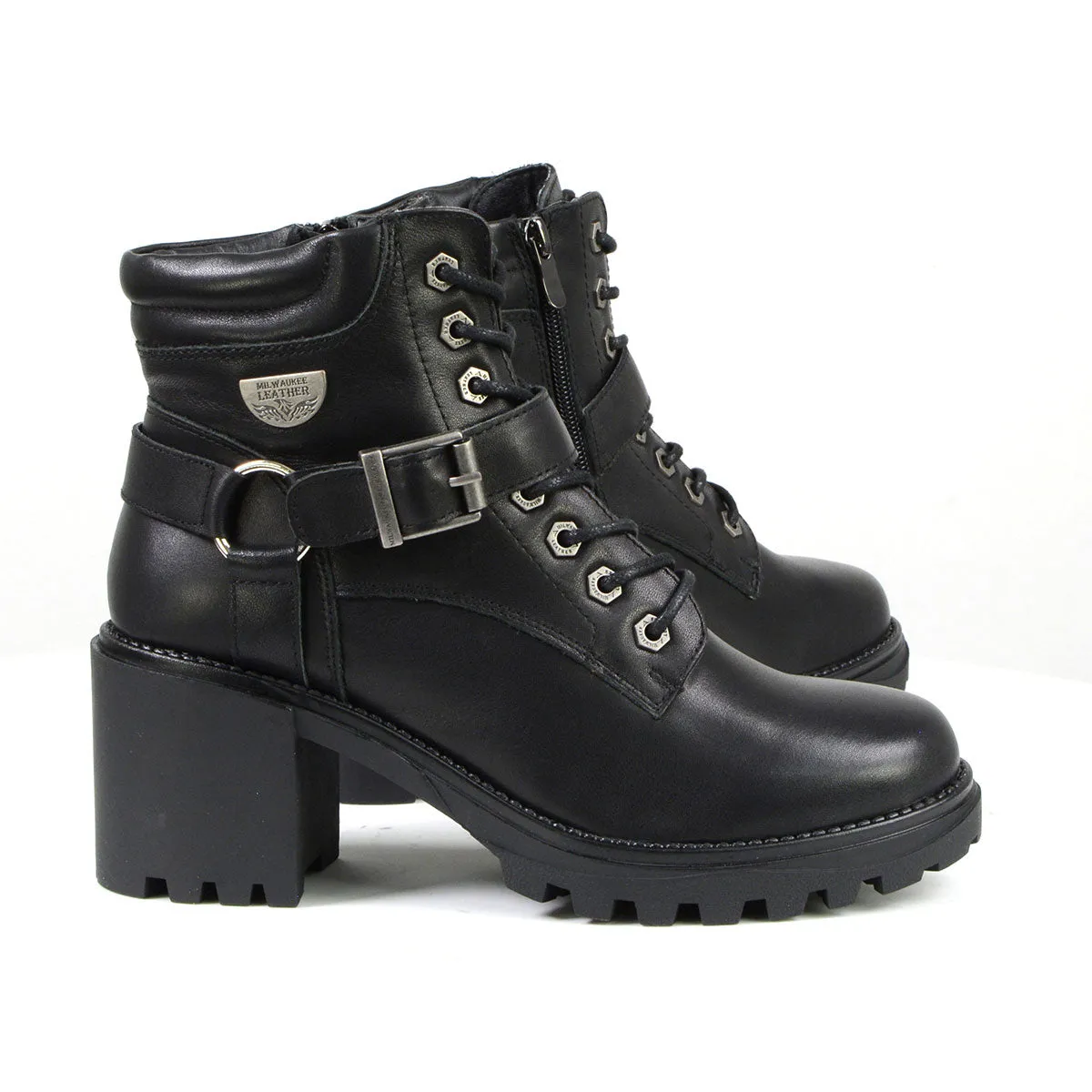 Milwaukee Leather MBL9316 Women's Black Leather Lace Front Boot with Harness Ring