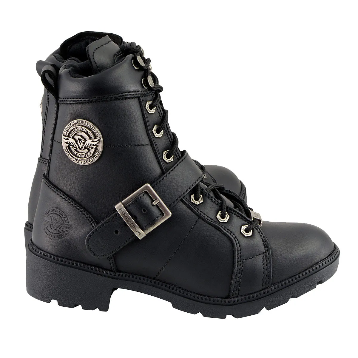 Milwaukee Leather MBL9325W Women's Wide Width Lace-Up Black Leather Boots with Zippers