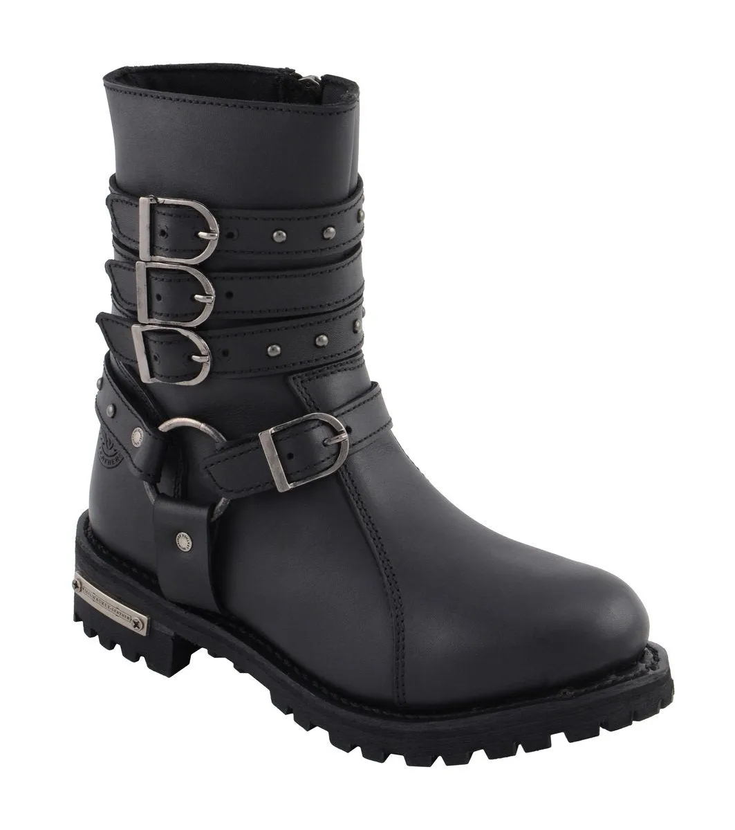 Milwaukee Leather MBL9399 Women's 9-Inch Triple Buckle Black Leather Harness Biker Boots w/ Side Zipper