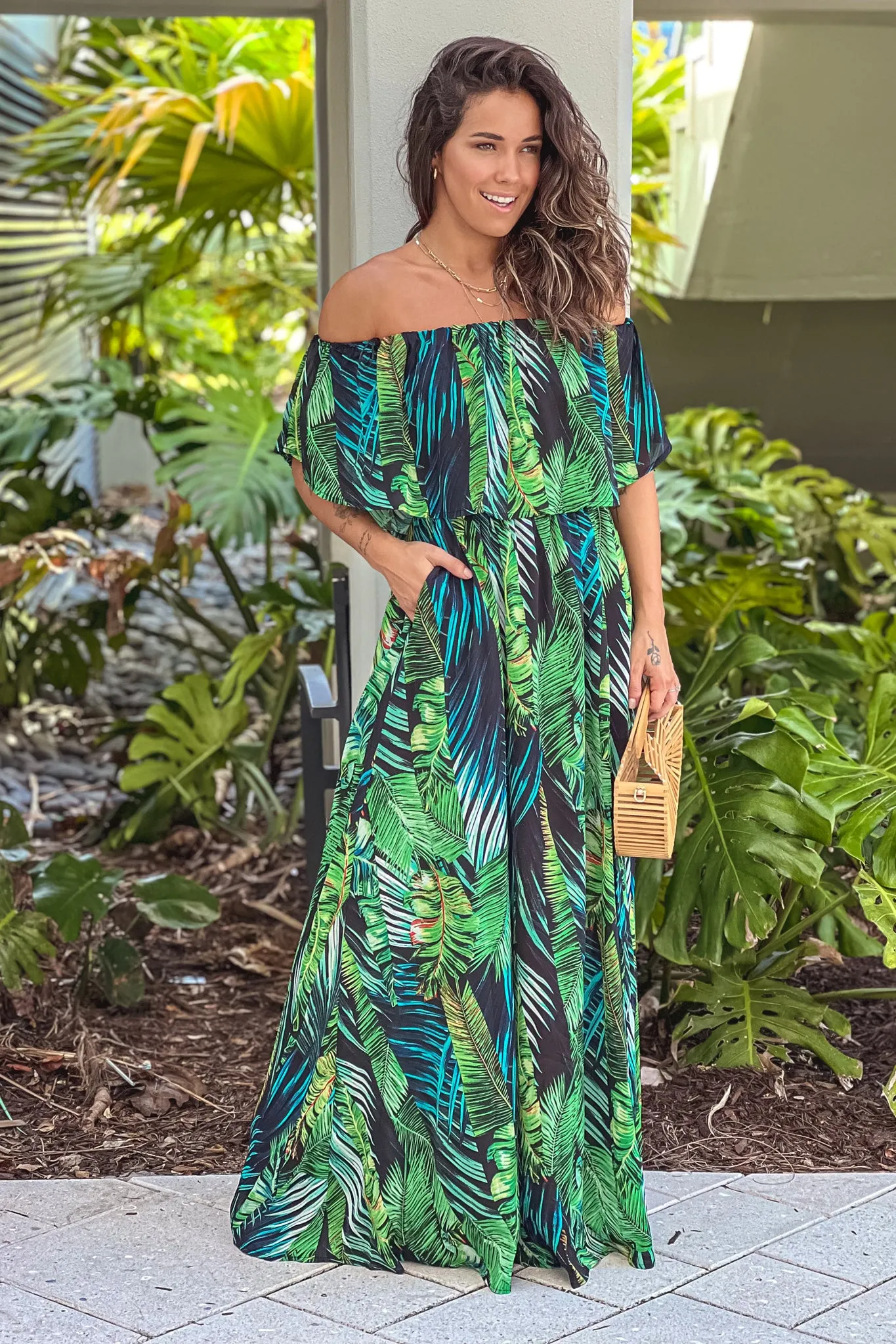 Multi Color Printed Off Shoulder Maxi Dress