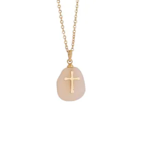 Natural Stone Stainless Steel Cross Pendant Necklace - White