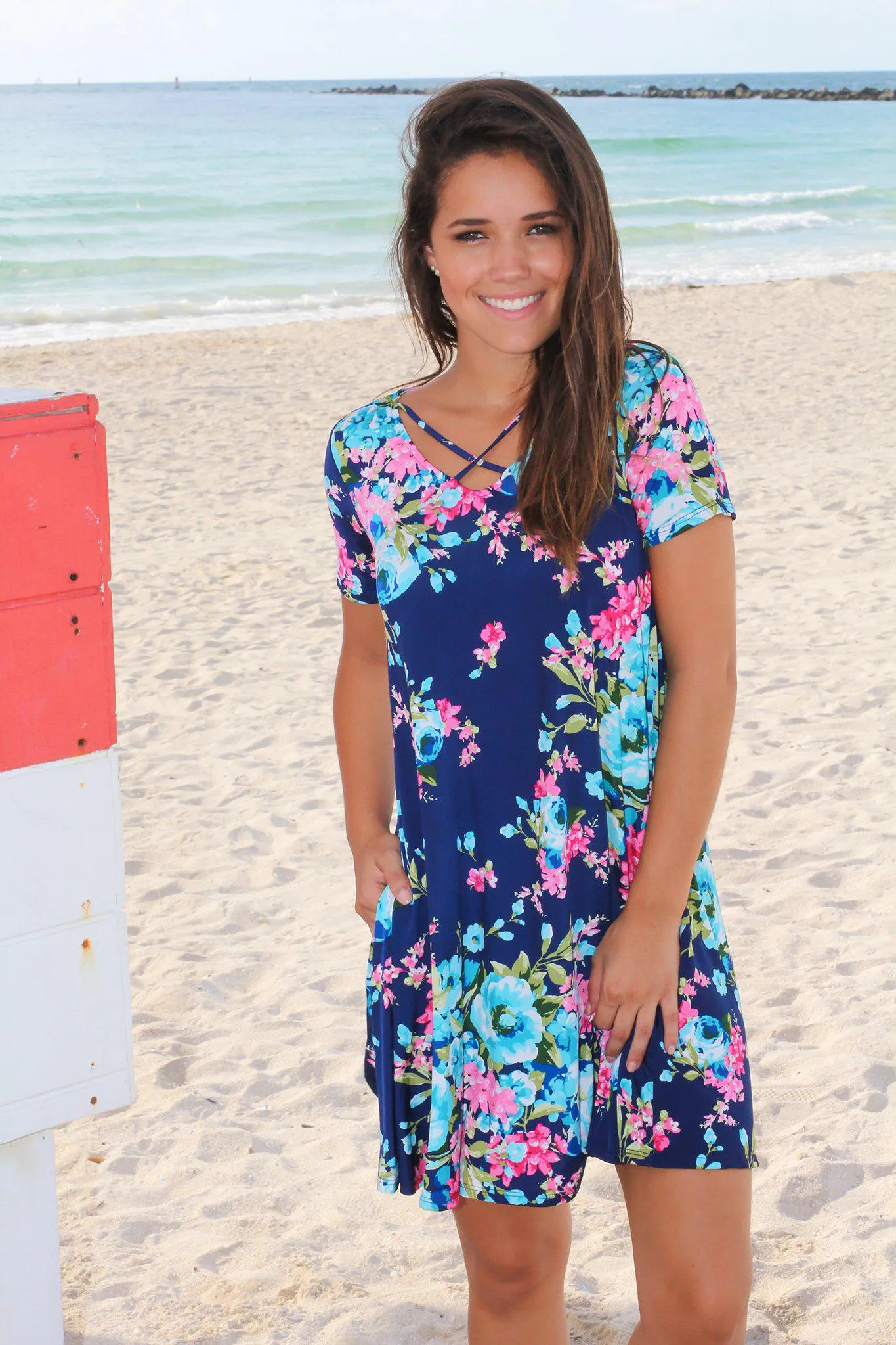 Navy Floral Criss Cross Short Dress