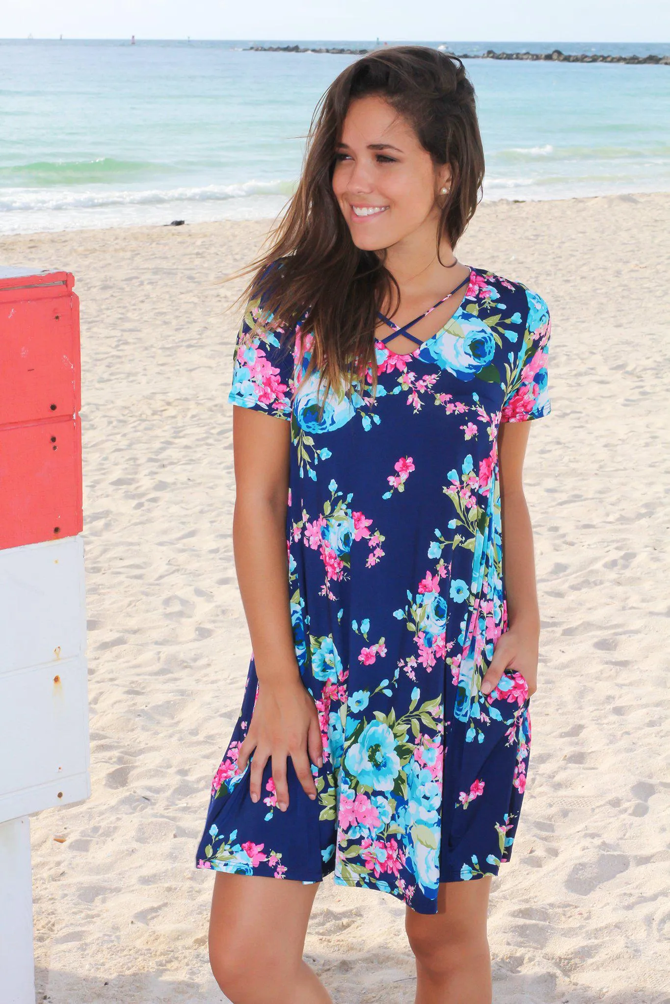 Navy Floral Criss Cross Short Dress