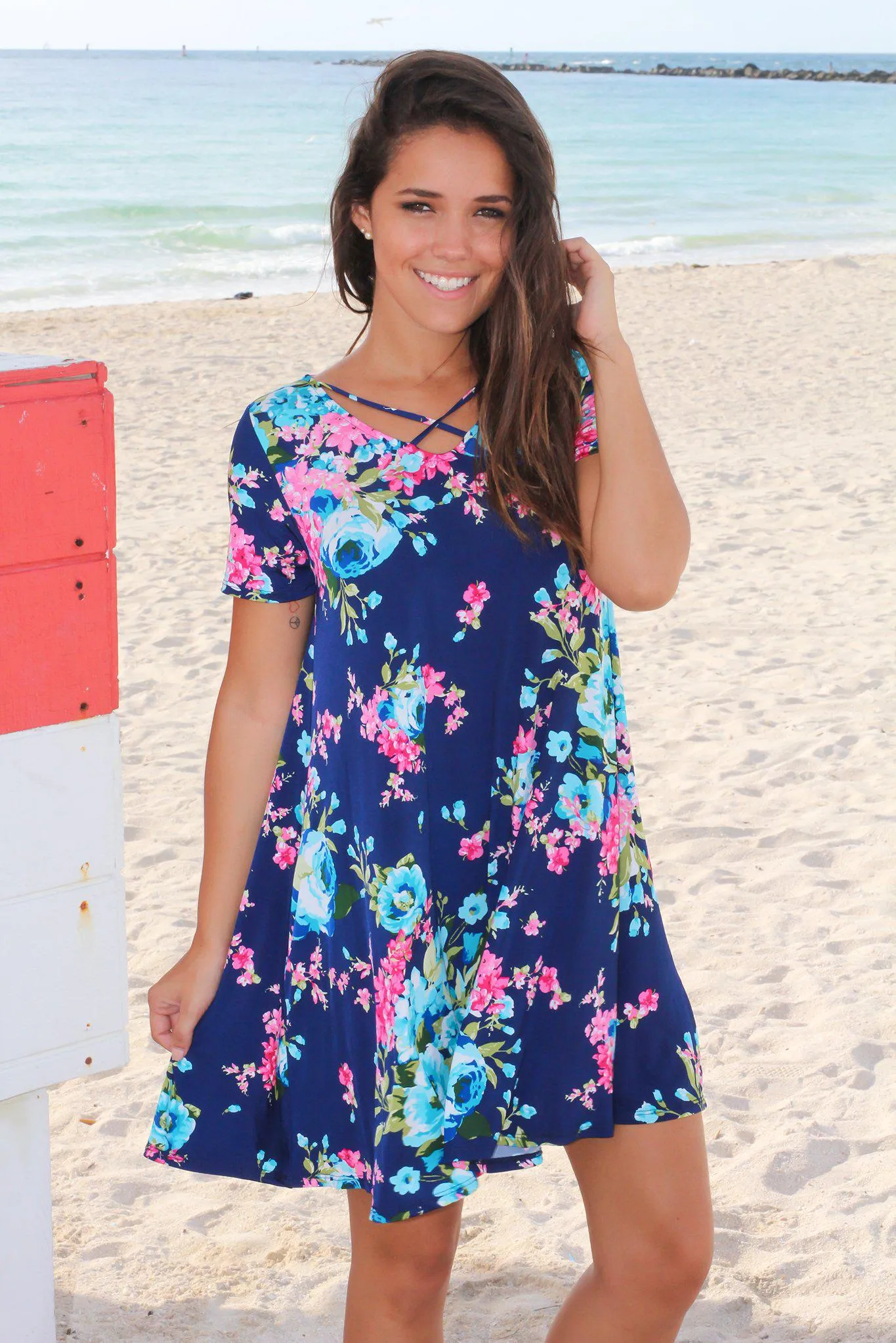 Navy Floral Criss Cross Short Dress