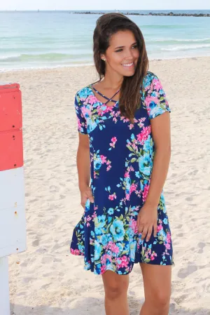 Navy Floral Criss Cross Short Dress