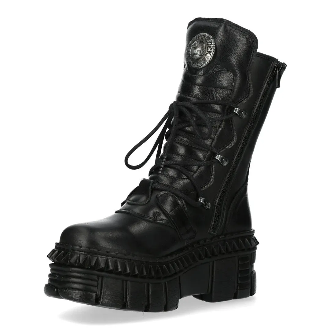 New Rock Boots Punk WALL373-S6 Unisex Metallic Black Leather Platform EMO