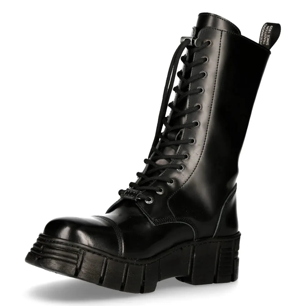 New Rock M-WALL127N-C1 Boots Black Leather Wall Rock Biker Mid-Calf Tower Boots