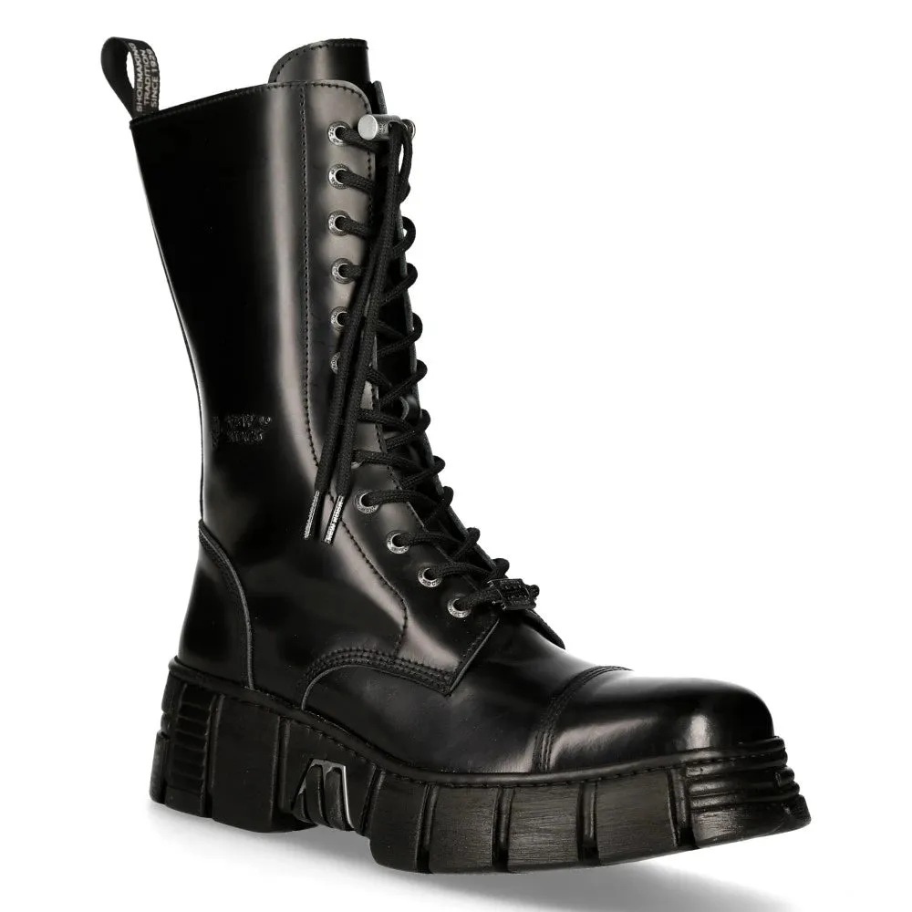 New Rock M-WALL127N-C1 Boots Black Leather Wall Rock Biker Mid-Calf Tower Boots