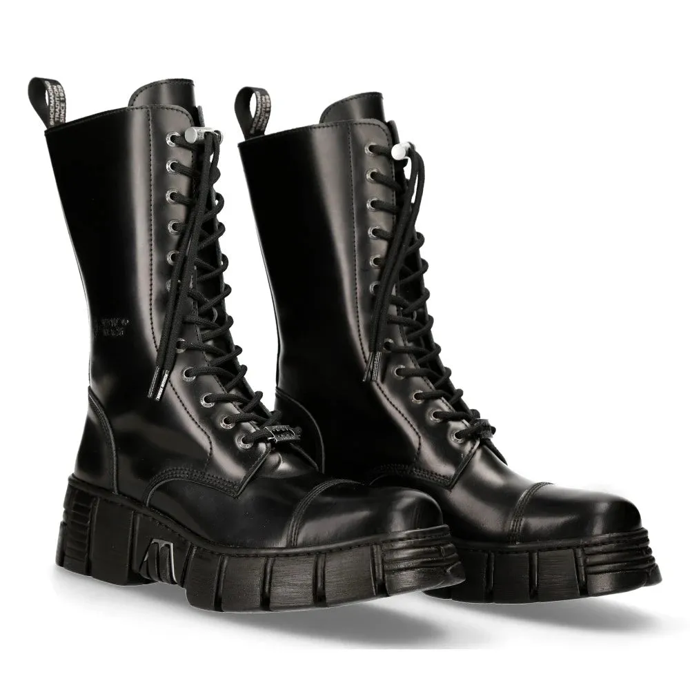 New Rock M-WALL127N-C1 Boots Black Leather Wall Rock Biker Mid-Calf Tower Boots