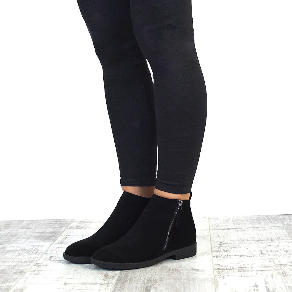 NICOLA LOW BLOCK HEEL ZIP UP DETAIL FLAT ANKLE BOOTS IN BLACK FAUX SUEDE