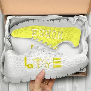 Nurse Sneaker, Nurse Love Fluorescent Yellow White Sneakers, Best Shoes For Nurses