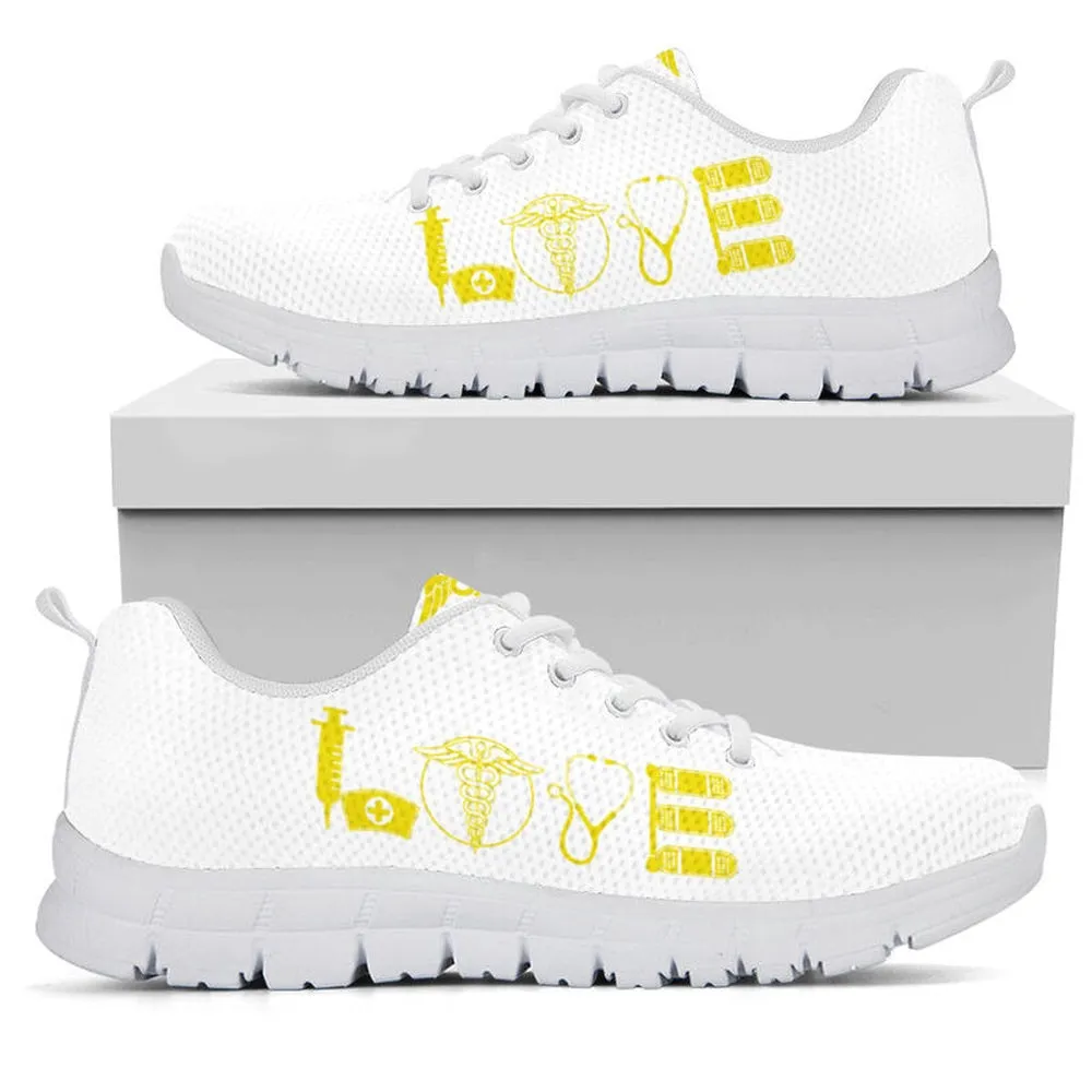 Nurse Sneaker, Nurse Love Fluorescent Yellow White Sneakers, Best Shoes For Nurses