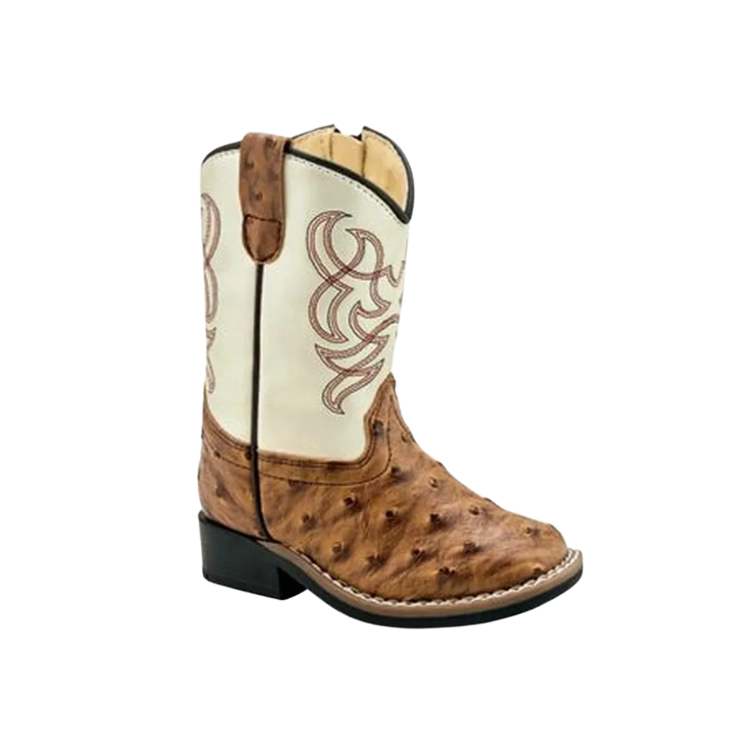 Old West Kid's Western Zipper Leatherette Brown White Boots